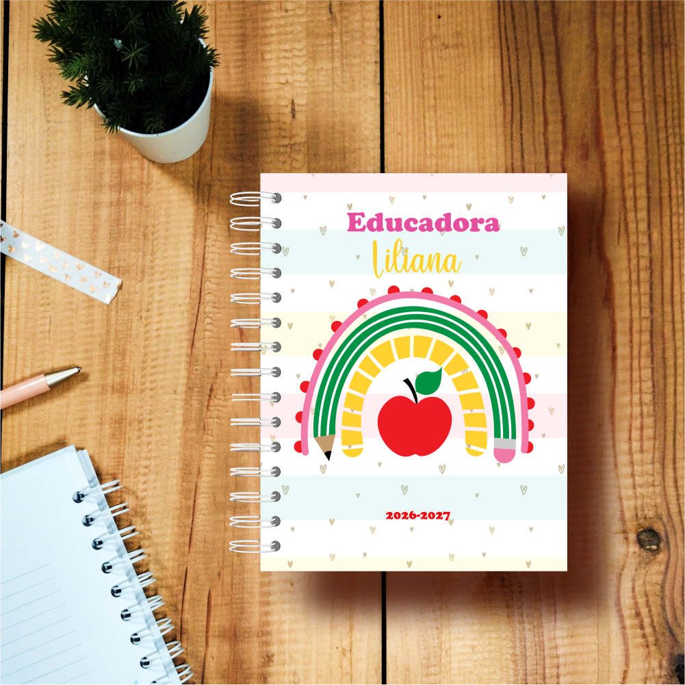 Agenda da educadora personalizada 2026-2027 capa arco-íris