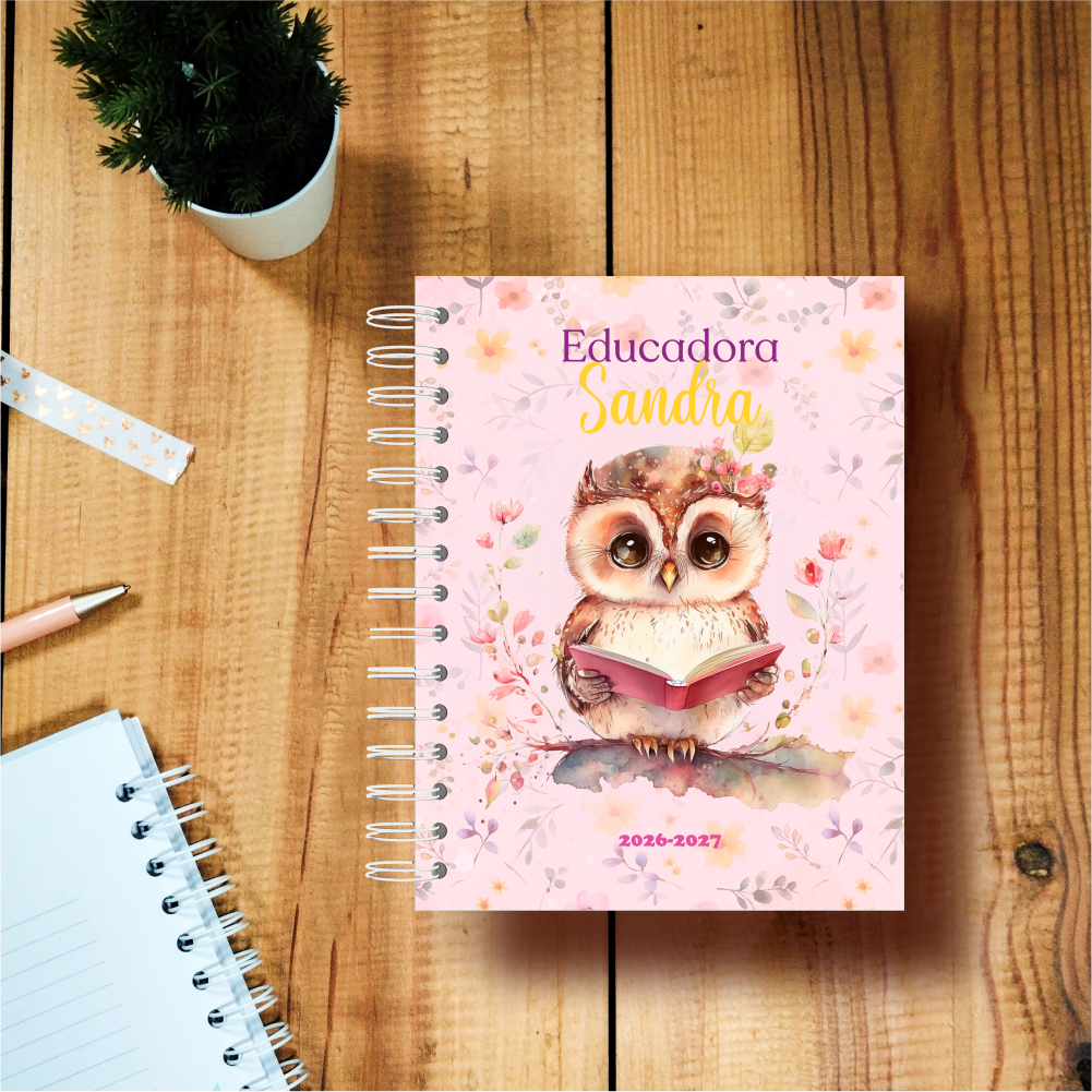 Agenda da educadora capa coruja floral personalizada