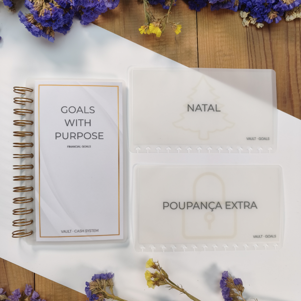Sistema de envelopes reutilizáveis para organizar objetivos financeiros através do método cash stuffing. Ideal para poupanças específicas como férias, fundo de emergência ou projetos pessoais.