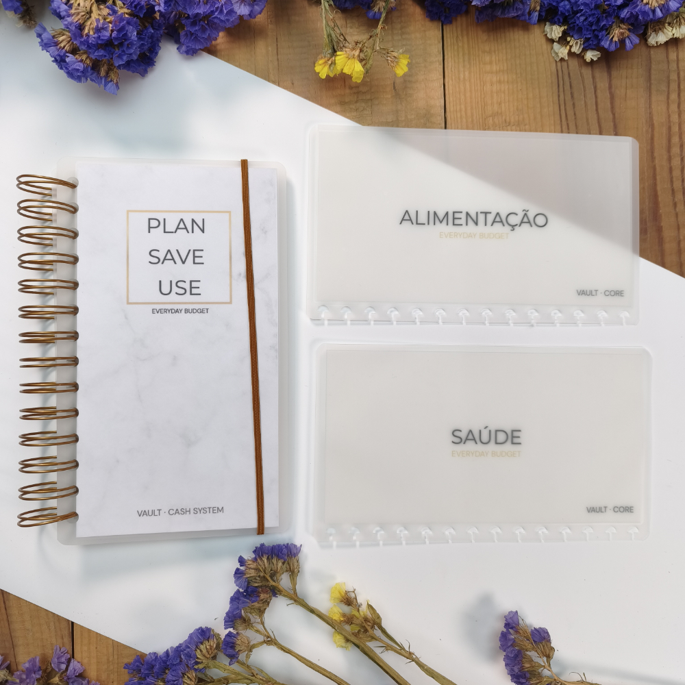 Kit de cash stuffing VAULT CORE fechado com argolas douradas e capa minimalista translúcida