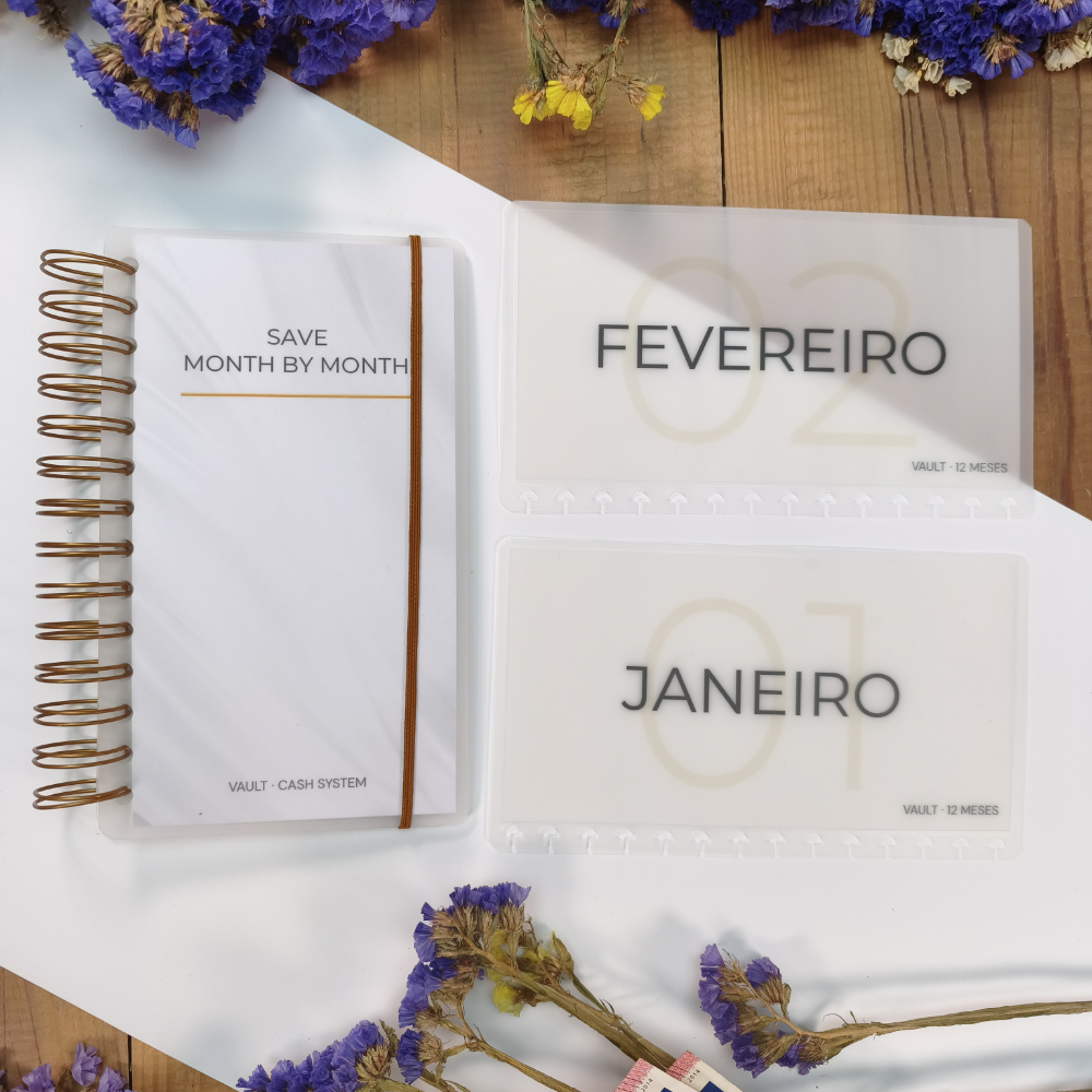 VAULT 12 Meses sistema de cash stuffing fechado com argolas douradas e capa minimalista