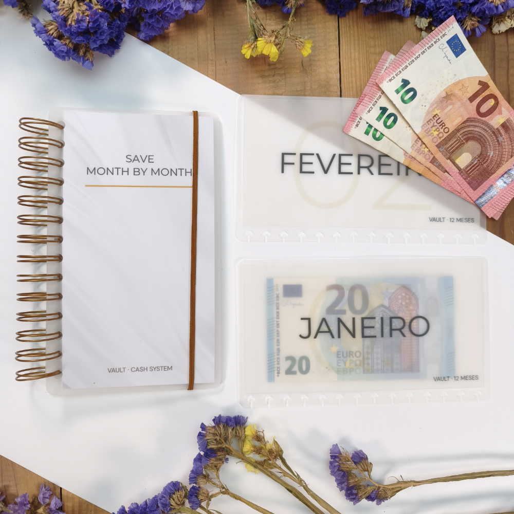 Envelopes mensais reutilizáveis do VAULT 12 Meses para organizar poupança em dinheiro