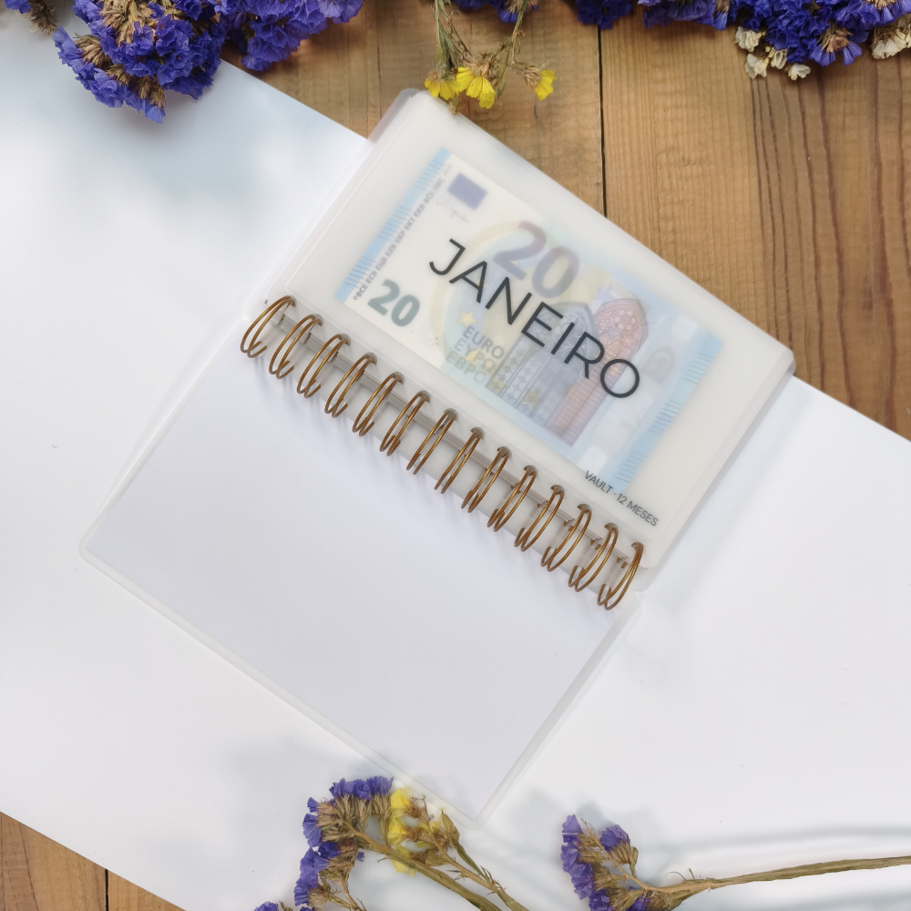 Envelopes mensais reutilizáveis do VAULT 12 Meses para organizar poupança em dinheiro
