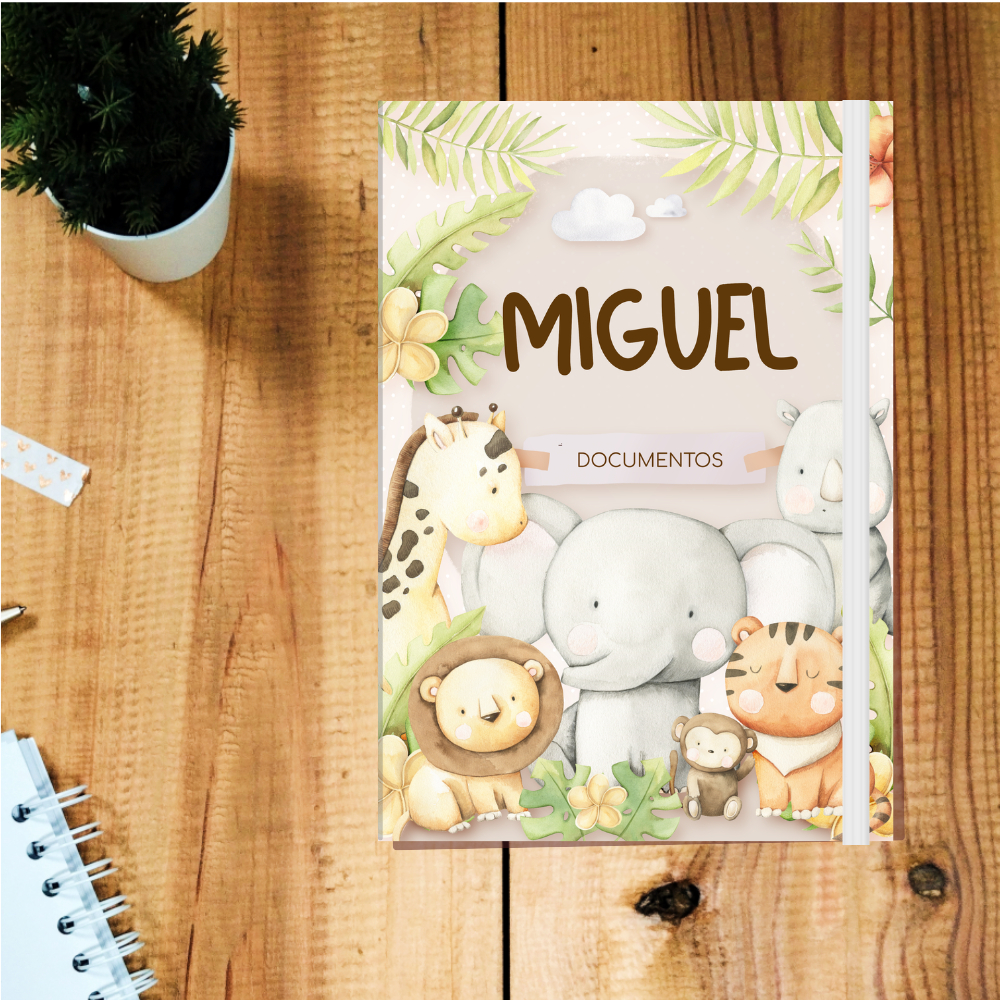 Pasta de Documentos do Bebé Personalizada A4 Safari Amigos